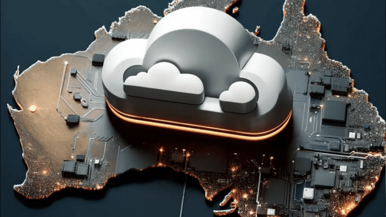 A 3D illustration of Australia with a cloud computing symbol overlaying the map, highlighting the technological infrastructure and connectivity.