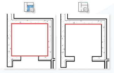 Two diagrams showing different methods of reinforcing a corner in construction. The left diagram highlights a square reinforcement area in red, while the right diagram shows a linear reinforcement along the corner.