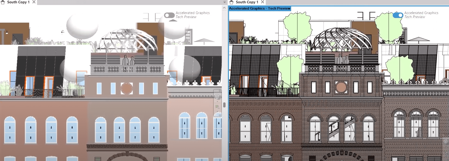 Side-by-side comparison of Revit elevation views with and without Accelerated Graphics enabled, highlighting differences in rendering detail and clarity.
