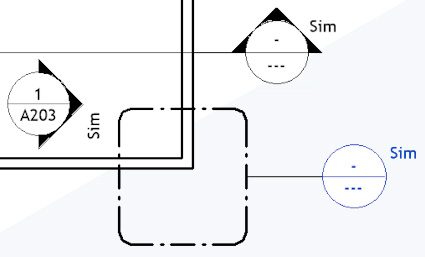 A technical drawing featuring various symbols and annotations, including circles with triangles inside, labeled "Sim" and "A203."