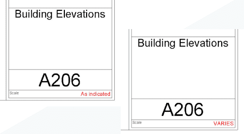 Two Revit sheet title blocks displaying different scale label styles – one shows "As indicated" and the other