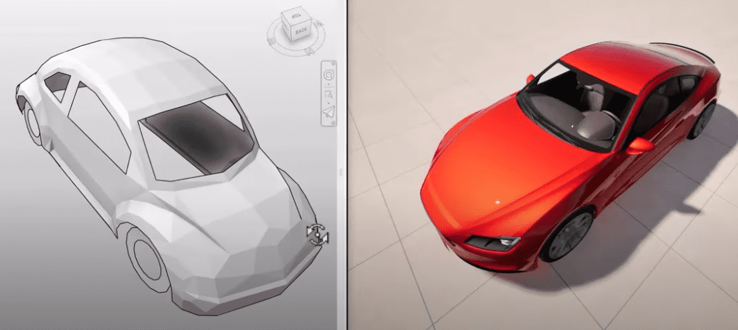 Side-by-side comparison of a low-poly car model in a modeling environment and a fully rendered, photorealistic version of the same car.
